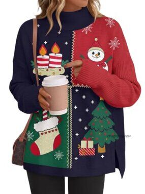Mock Turtleneck Oversized Long Tunic Sweater Pullover Split Hem